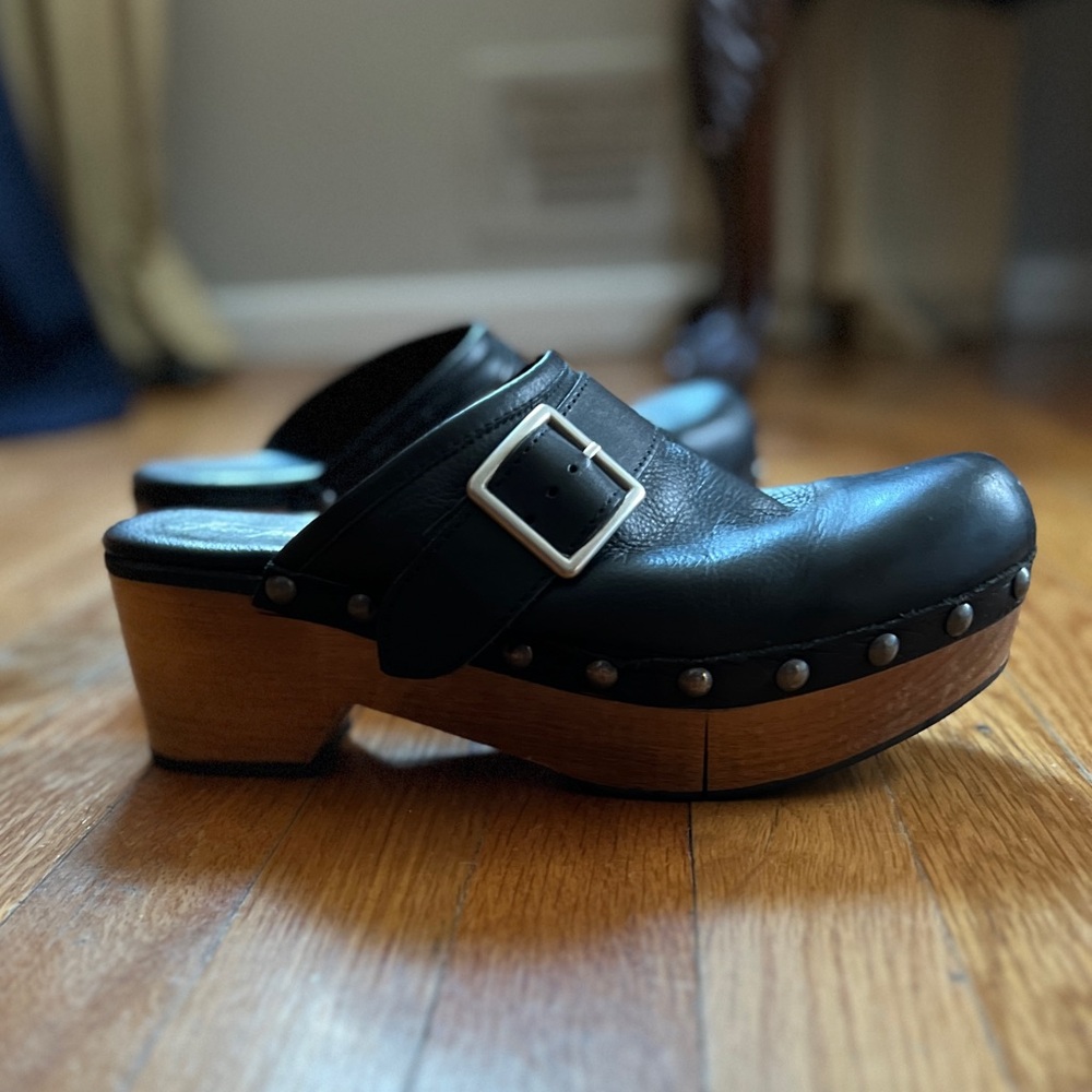Free People Black Leather Sip On Clogs with Wooden Sole with rubber grips